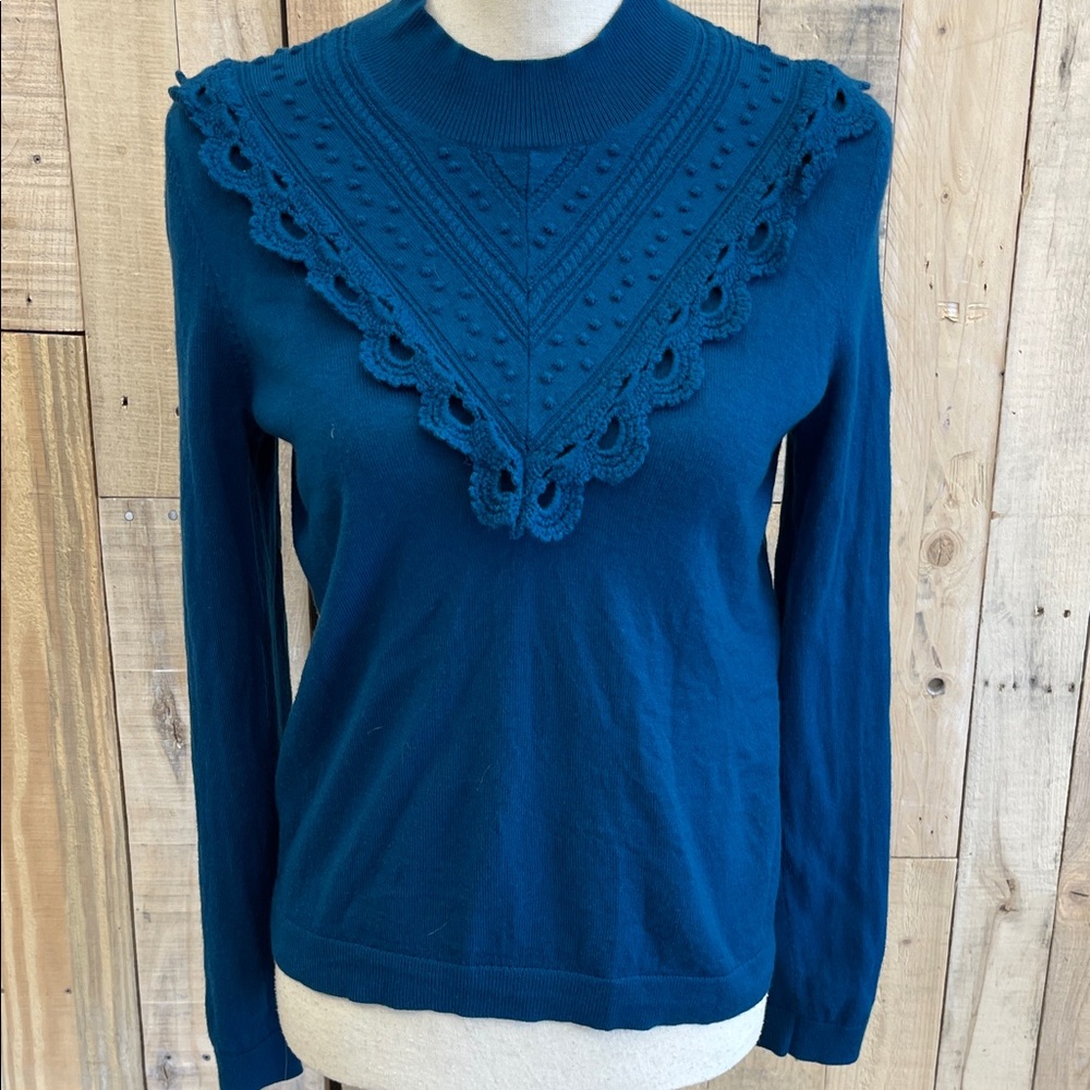 Sezane Teal Lace Detail Crew Neck Sweater